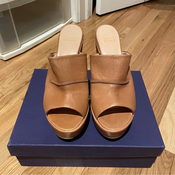 NEVER WORN Stuart Weitzman Tan Leather Mule Wedges - Picture 3 of 7